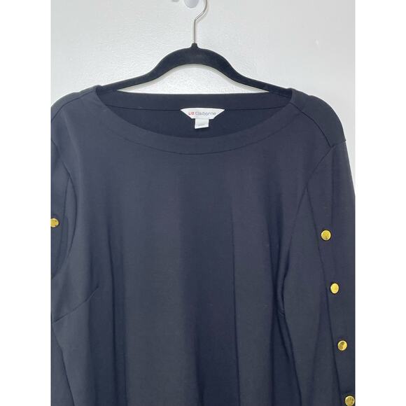 Liz Claiborne Blouse Scoop Neck Gold Button Sleeve‎ Pullover Stretch Black XL - Picture 2 of 10